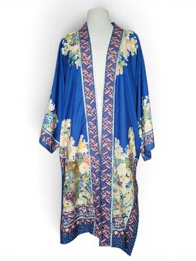 Vintage 70s Japanese Floral Cotton Kimono Robe Duster Boho Festival